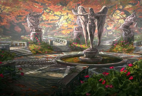 Angel Garden, Garden Illustration, Garden Angels, Castle Garden, Fantasy City, Fantasy Castle, Fantasy Setting, Fantasy Places, Art Antique