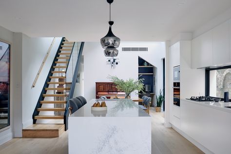 Metal Staircase, Laminate Counter, Kitchen White, Secret Rooms, Terraced House, Polished Concrete, White Cabinets, Terrace House, Concrete Floors