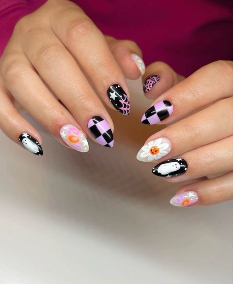 Cutesy Fall Nails, Nails Different Designs Each Finger, Frame Nails, Cute Spooky Nails, Halloween Press On Nails, Pumpkin Nails, Chic Nails, Funky Nails, Purple Nails