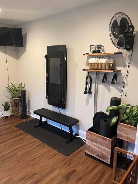 Gym Interior Home Fitness Rooms, Gym And Lounge Room, Full Length Mirror For Gym, Gym And Family Room Combo, Home Gym Accessories Storage, Tonal Gym Design, Flex Room Ideas Small Office, Tonal Home Gym Set Up, Small Yoga Area At Home