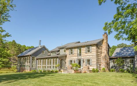 Historic Log Cabin Renovation: eDesign Before and After | New Builds & Renovations Before And After Farmhouse Renovation, Log Cabin Addition Ideas, Log Cabin Exterior Paint Colors, Log Cabin Front Porch, Log Cabin Makeover, Log Farmhouse, Log Cabin Exterior Ideas, Log Cabin Renovation, Cabin Addition