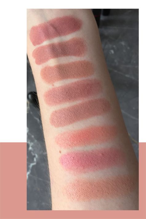 Swatches of MAC Cosmetics Nude Lipsticks; from top to bottom: Faux, Viva Glam II, Honeylove, Modesty, Blankety, Pure Zen, Creme Cup, Creme d'Nude #maccosmetics #maclipsticks #nudelipsticks #lipstickcomparison Mac Blankety Lipstick, Mac Viva Glam Ii, Mac Faux Lipstick, Mac Modesty Lipstick, Mac Modesty, Mac Honeylove, Viva Glam Ii, Mac Faux, Mac Nude Lipstick