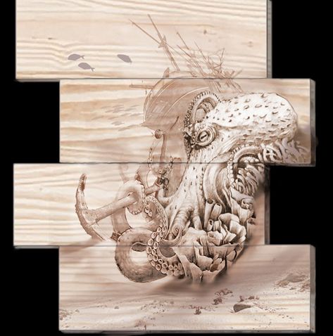 Octopus Wood Burning, Octopus Pyrography, Driftwood Art Sculpture, Woodburning Ideas, Pyrography Patterns, Tactical Wear, Pine Boards, Pyrography Art, Wood Burning Patterns