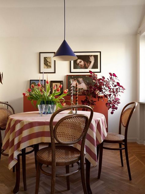 Making Open Concept Feel Cozy, Bentwood Chairs Dining Room, Golden Yellow Bedroom, Small Attic Apartment, Magical Interior, Mcm Dining Room, Apt Decor, Apartment Vibes, Small Attic