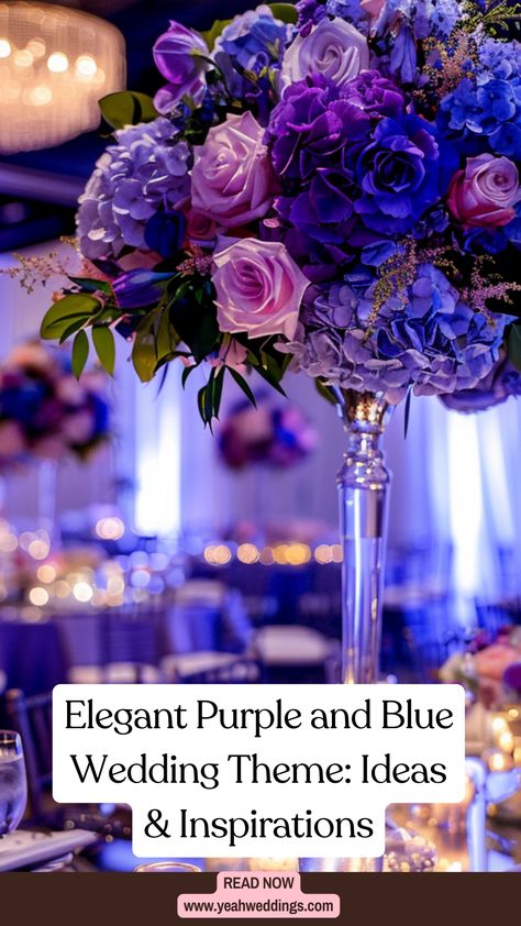 A beautifully decorated wedding reception with elegant purple and blue color themes, featuring floral arrangements, table settings, and lighting that create a sophisticated and memorable celebration. Royal Blue Purple And White Wedding, Purple And Blue Engagement Party, Purple Rain Wedding Theme, Purple And Sky Blue Wedding, Purple Theme Party Ideas, Light Purple And Navy Blue Wedding, Wedding Lavander Theme, Purple And Royal Blue Wedding Decor, Royal Purple And Navy Blue Wedding