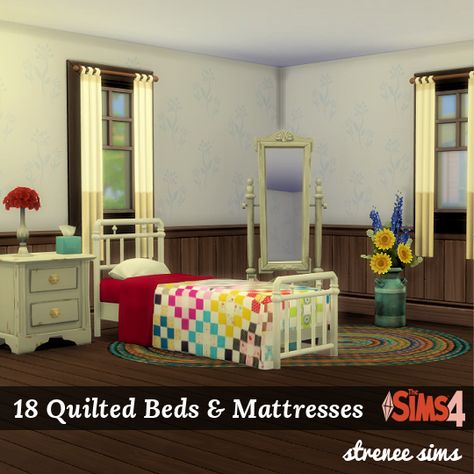 Quilted Bed and Separated Mattresses | 18 mattresses for use with the Parenthood metal bed or a separate bed | #sims4 #sims4cc #sim4parenthood Vintage Toddler Bed, Ghost Bed, Day Bed Frame, Sims 4 Beds, Double Bed Mattress, Ikea Bedroom, Vintage Toddler, Sims 4 Bedroom, Toddler Beds