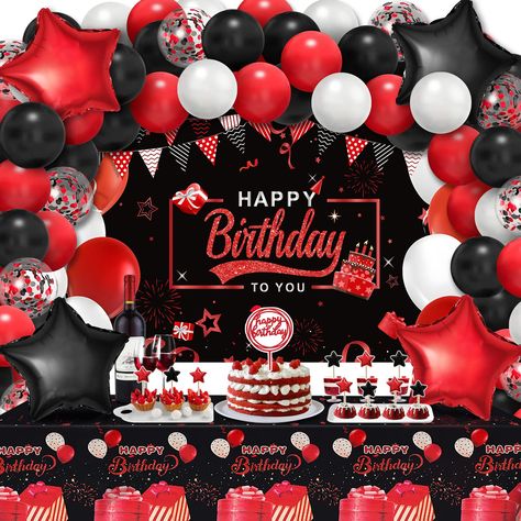 PRICES MAY VARY. 🔴【Red and Black Party Decorations】:You will get 1pc happy birthday backdrop, 1pc happy birthday party tablecloths, 50pcs latex balloons in 4 styles, 4pcs star foil balloons in red/black, 1pc cake topper, 10pcs cupcake toppers and 3 tools for assemble. Adequate quantities and complete sets will meet most of your party decorating needs. ⚫【High Quality&Reliable Material】:The black and red party decorations for boys and girls are made of durable and high quality materials, sturdy, Red And Black Party Decorations, Red And Black Party, Red Party Decorations, Black Party Decorations, Red Birthday Party, Balloons Cake, Balloons Arch, Birthday Decorations For Men, Happy Birthday Backdrop