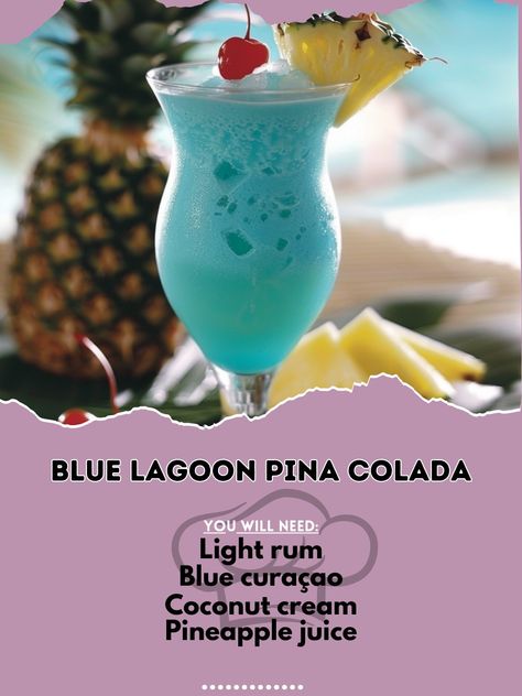 🍹 Dive into the refreshing Blue Lagoon Pina Colada! 🌴✨ #BlueLagoonColada #TropicalVibes Blue Lagoon Pina Colada Ingredients: Light rum (1 1/2 oz) Blue curaçao (1 oz) Coconut cream (2 oz) Pineapple juice (4 oz) Ice cubes Pineapple slice and cherry (for garnish) Instructions: Combine rum, blue curaçao, coconut cream, pineapple juice, and ice in a blender. Blend until smooth. Pour into a glass and garnish with a pineapple slice and cherry. Indulge in this vibrant and tropical drink, perfect ... Blue Pina Colada, Curacao Drink, Pina Colada Drinks, Liqueur Drinks, Drinks Recipe, Gin Drinks, Yummy Alcoholic Drinks, Light Rum, Pineapple Slices