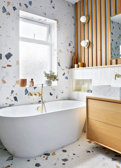 Bathroom makeover: an upgrade using terrazzo and oak — House Beautiful UK Terrazzo Tiles Bathroom, Terrazzo Bathroom Tiles, Modern Kids Bathroom Ideas, Terrazzo Bathroom Design, Bathroom Terrazzo, Modern Kids Bathroom, Terrazzo Bathroom, Limestone Flooring, Stunning Bathrooms