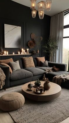 Chic Boho Home Decor, Dark Boho Chic Living Room, Dark Lounge Room Ideas Cozy, Dark Colored Living Rooms, Moody Bohemian Decor, Decorating A Dark Room, Earthy Bohemian Living Room, Mystical Living Room Ideas, Dark Moody Cabin Interior