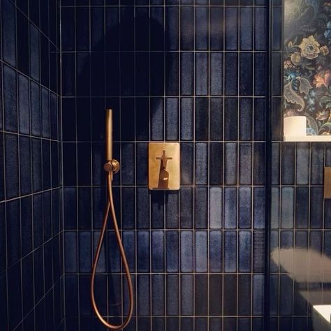 Dark Blue Tile, Blue Shower Tile, Navy Blue Tile, Dark Blue Bathrooms, Navy Bathroom, Blue Bathroom Tile, Bad Inspiration, Shower Mixer, Dream Apartment