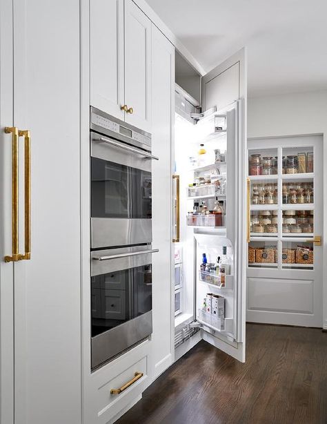 Seeded Glass Cabinets, White Brick Backsplash, Brick Tile Backsplash, Paneled Refrigerator, Amy Berry, Gorgeous White Kitchen, Grey Shaker Kitchen, White Wood Paneling, Taupe Kitchen