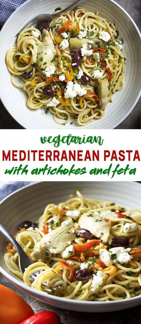 Pasta With Feta, Vegetarian Spaghetti, Resep Pasta, Pasta Vegetariana, Artichoke Pasta, Mediterranean Pasta, Easy Mediterranean Diet Recipes, Resep Diet, Vegetarian Pasta