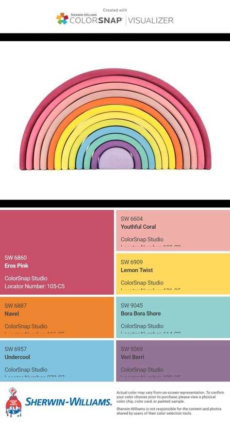 I just created this color palette with the Sherwin-Williams ColorSnap® Visualizer app on my Android phone. What do you think? You can learn more about ColorSnap Visualizer and get it on your phone free by visiting http://getcolorsnap.com. Sherwin Williams Pastels, Sherwin Williams Bright Color Palette, Sherwin Williams Rainbow Paint Colors, Benjamin Moore Rainbow Palette, Sherwin Williams Bright Paint Colors, Daycare Color Palette, Sherwin Williams Rainbow Colors, Playroom Paint Colors Sherwin Williams, Kids Room Color Schemes