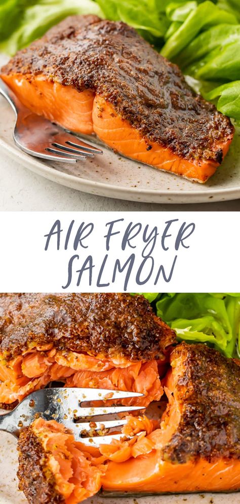 This air fryer salmon is cooked perfectly: tender salmon with a brown sugar-Dijon mustard crust that's super easy but loaded with flavor. Made in only 10 minutes, now we never cook salmon any other way! Keto Sushi Rolls, Salmon Recipes Brown Sugar, Salmon Air Fryer, Salmon In Air Fryer, Keto Sushi, Cooking Salmon Fillet, Brown Sugar Salmon, 40 Aprons, Cook Salmon