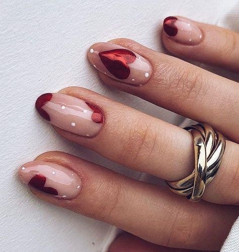 Chrome Nails Heart Designs, Metallic Valentine Nails, Metallic Heart Nails, Chrome Nails Valentines, Heart Almond Acrylic Nails, Valentines Chrome Nails, Chrome Nails Heart, Heart Chrome Nails, Chrome Valentines Day Nails