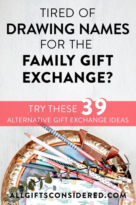 Tired of drawing names every year for the family Christmas gift exchange? Try one of these 39 alternative gift exchange ideas. Alternative To White Elephant Gift Exchange, Family Gift Exchange Questionaire, Easy Gift Exchange Ideas, Fun Family Christmas Traditions Gift Exchange, Team Gift Exchange Ideas, Large Family Gift Exchange, Christmas Game Gift Exchange, Fun Ways To Exchange Christmas Gifts, Group Christmas Gift Exchange Ideas