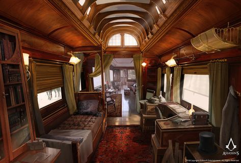 Train Hideout | Assassin's Creed Wiki | Fandom Train Interior Concept Art, Steampunk Room, Luxury Trains, Ac Syndicate, David Alvarez, Assassin's Creed Syndicate, Jacob Frye, Interior Concept Art, Train Carriage