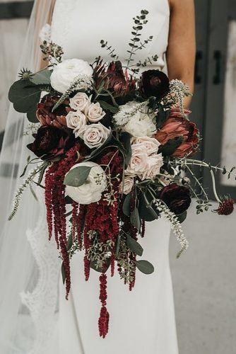 bridal bouquet inspiration | white | cabernet | hunter green | fall tones | cascading bouquet, spray roses |  ranunculus | hanging amaranthus | eucalyptus | scabiosa | veronica | mixed foliage Wildflower Bouquets, Dark Wedding Theme, Cascading Bridal Bouquets, Burgundy Bouquet, Cascading Wedding Bouquets, Winter Wedding Bouquet, Autumn Bride, Dark Wedding, Cascade Bouquet