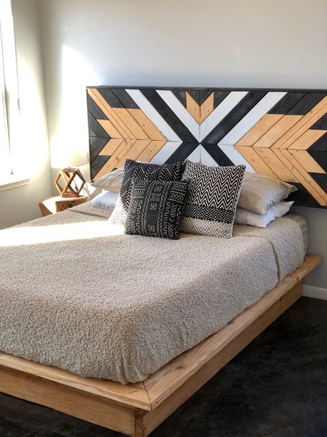 Aztec Headboard, Art Headboard, Head Boards, Terrace Furniture, Bed Frame Design, Wooden Pallet Furniture, Headboard Wall, Wood Mosaic, Wood Headboard