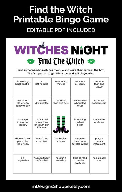 Find the Witch Halloween Find the Guest Printable Bingo Game with a a purple and black heading - the letter C is wearing a witches hat and the I in night in a green lipstick in a black case. The name of the game has a green lipstick mark on either side. Halloween Girls Night, Find The Guest Game, Witches Night, Witches Night Out, Printable Bingo Games, Find The Guest, Witch Party, Sleepover Birthday Parties, Letter Games