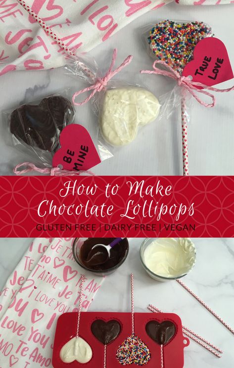 Diy Valentine Chocolates, Homemade Valentines Day Chocolates, How To Make Chocolate Lollipops, Chocolate Lollipops Ideas, Diy Valentines Lollipop, Homemade Chocolates For Valentines Day, Lollipop Recipe, Dairy Free Treats, Chocolate Lollipops