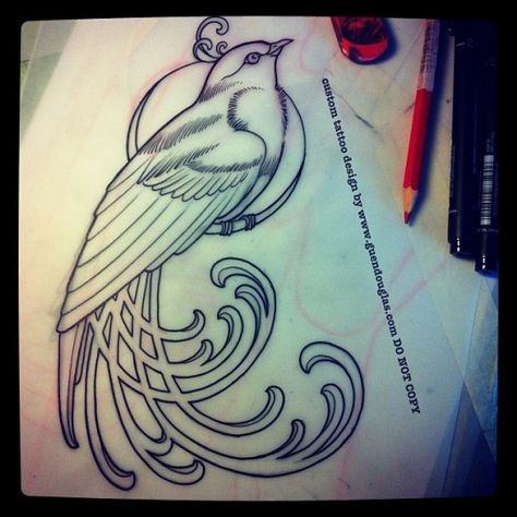 Nightingale transitioning into wave Art Nouveau Birds Illustration, Occult Imagery, Art Nouveau Tattoo Design, Art Nouveau Bird, Bird Design Tattoo, Art Deco Bird, Art Deco Tattoo, Birds Drawing, Art Nouveau Tattoo