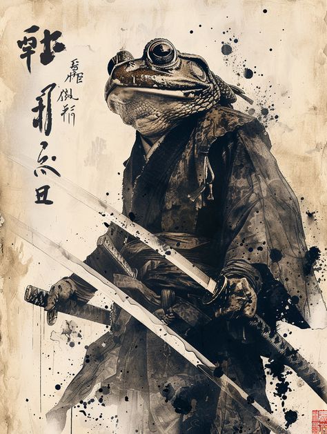 #FrogSamurai #Sword #OldInkPainting #JapaneseArt #NaturalColors #VintagePoster-style #3:4AspectRatio #TheCandie Samurai Frog, Cool Frog, Painting Japanese, Inspirational Digital Art, Style Aesthetics, Framed Photos, Japanese Samurai, Beige Background, Fashion Poster