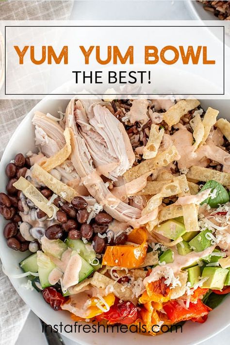 Yum Yum Bowls Yum Bowl Recipe Cafe, Cafe Yumm Bowl Recipes, Yum Yum Bowls, Califlour Rice, Yumm Bowl, Yum Bowls, Turkey Entrees, Lunch Bowl Recipe, Veggie Meal Prep