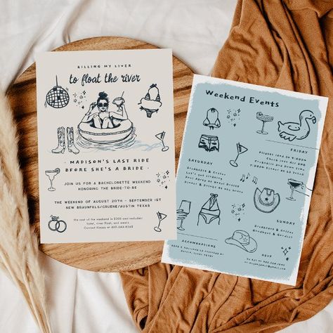 Whimsical Doodle River Float Bachelorette Weekend Invitation Float The River Bachelorette Party, Bachelorette Float Trip, River Bachelorette Party, River Bachelorette, Floating River, River Floating, Last Fling Before The Ring, River Tubing, Bachelorette Weekend Invitations