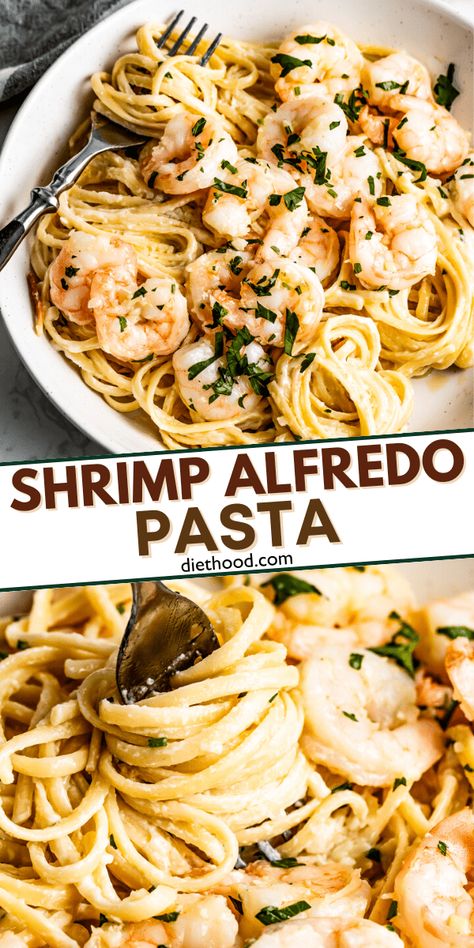 Served with garlic and shallot-sauteed shrimp, this quick homemade alfredo pasta is perfectly velvety and smooth. Topped with fresh parmesan, it's an impressive dinner that doesn't require more than an hour of your time. How To Season Shrimp, Impressive Dinner Recipes, Homemade Shrimp Alfredo, Chicken Shrimp Alfredo, Diethood Recipes, Parsley Recipes, Impressive Dinner, Dinner Favorites, Shrimp Alfredo