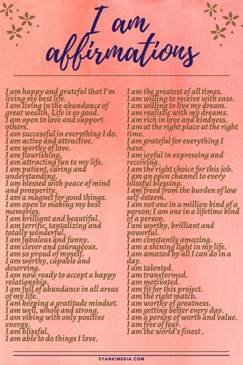 50 Positive I Am Affirmations List: I Am Statements For Yourself #energyprotection #selflove #spirituality Journal Affirmations I Am, Daily Affirmations I Am, I Am Daily Affirmations, List Of Positive Affirmations, Positive Life Affirmations, Positive I Am Affirmations, I Am Quotes Daily Affirmations, Powerful Affirmations For Success, Powerful I Am Affirmations