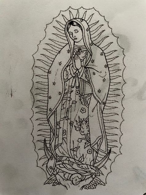 Our Lady Of Guadalupe Tattoo Design, Virgencita Drawing Chicana, Our Lady Tattoo, Virgin Mary Tattoo Design Drawing, Virgin Mary Back Tattoo Women, Virgen De Guadalupe Tattoo Ideas Women, Simple Virgin Mary Tattoo, Virgen Mary Tattoo For Women, Traditional Virgin Mary Tattoo