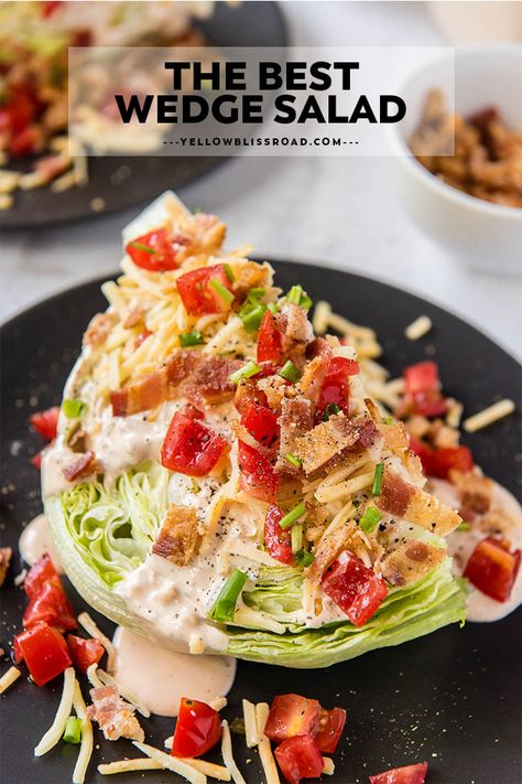 A Wedge Salad is a crisp and refreshing. Iceberg lettuce wedges topped with homemade thousand island dressing, bacon, tomatoes and pepper jack cheese. Lettuce Wedge Salad, Homemade Thousand Island, Iceberg Wedge Salad, Iceberg Lettuce Salad, Wedge Salad Recipes, Lettuce Wedge, Homemade Thousand Island Dressing, Wedges Recipe, Thanksgiving Food Sides