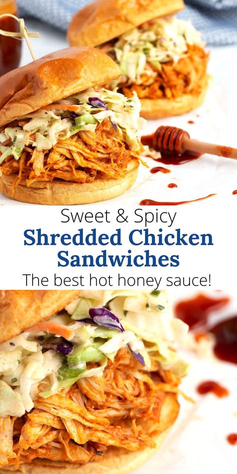 Looking for a super easy dinner? Try these Hot Honey Shredded Chicken Sandwiches! With only 15 minutes of hands-on time, chicken breasts, and hot honey sauce, they cook perfectly in your crock pot. Top with coleslaw and serve on toasted buns for a flavorful, sweet, and spicy meal. Ideal for busy weeknight dinners, the family will love this slow cooker recipe! Easy Crockpot Chicken Sandwich Recipes, Shredded Chicken Sandwiches Stovetop, Honey Garlic Chicken Sandwich, Crockpot Chicken Recipes Shredded, Buffalo Chicken Crock Pot Sandwiches, Crock Pot Honey Mustard Chicken, Hot Honey Shredded Chicken, Crockpot Hot Honey Chicken Sandwiches, Hot Honey Pulled Chicken