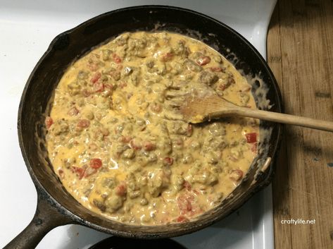 Cast Iron Cowboy Queso Dip Recipe Dutch Oven Queso, Cowboy Queso Dip, Queso Dip Easy, Cowboy Queso, Spicy Queso Dip, Sausage Cheese Dip, Dutch Oven Recipes Cast Iron, Chip Dip Recipes, Queso Dip Recipe