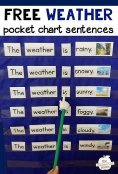 Grab this free weather activity for your young learners. Making pocket chart sentences is so much fun! Pocket Chart Ideas, Kindergarten Weather, Weather Kindergarten, Weather Activities Preschool, Weather Activities For Kids, Teaching Weather, Pocket Chart Center, Weather Lessons, Measured Mom