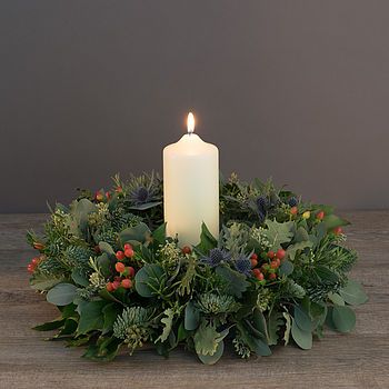 highland festive foliage wreath early bird discount 10% by the flower studio | notonthehighstreet.com Winter Flower Arrangements, Winter Floral Arrangements, Door Wreath Christmas, Fresh Wreath, Christmas Centers, Foliage Wreath, Christmas Candle Decorations, Christmas Flower Arrangements, Christmas Floral Arrangements