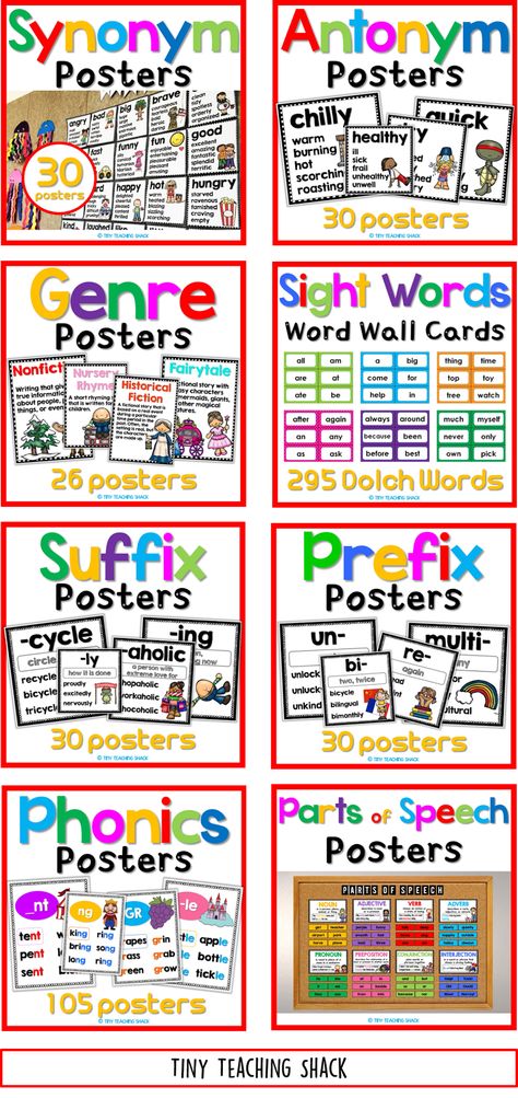 Tiny Teaching Shack: Classroom Posters Prefix Poster, Writing Transitions, Phonics Sight Words, Parts Of Speech Posters, Grammar Posters, Phonics Posters, Classroom Pictures, Dolch Words, Sight Word Cards