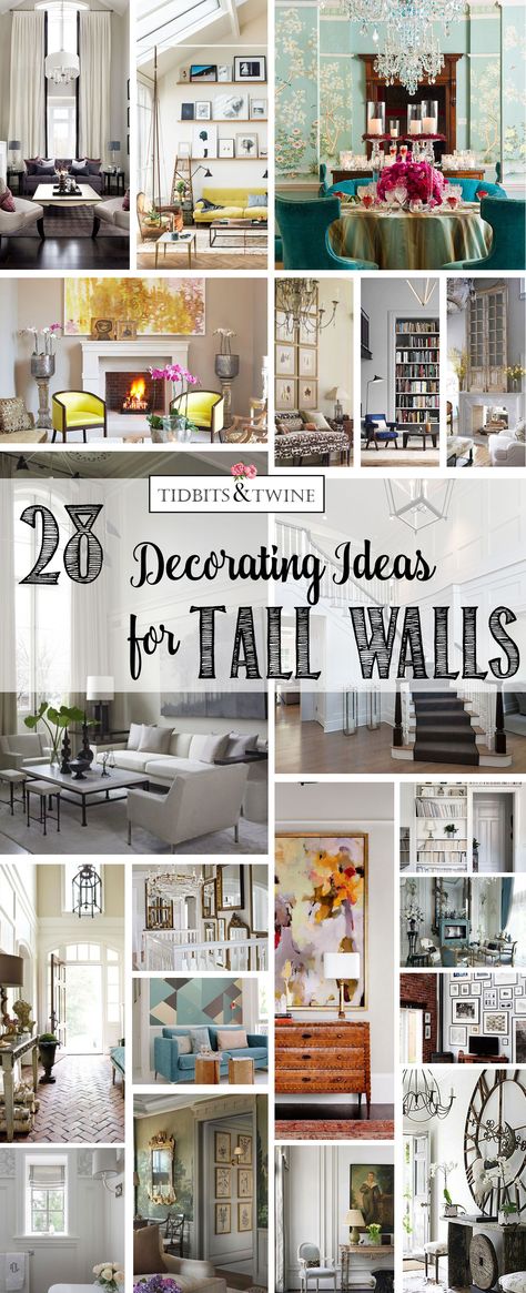 Don't know what to do with your tall walls? Here's a look at 8 methods and 28 ideas for these oversized spaces that will complete the look of your room. Tall Wall Decor High Ceilings, Tall Ceiling Living Room, High Ceiling Bedroom, High Ceiling Decorating, Tall Wall Decor, Wooden Bookshelves, High Ceiling Living Room, Wal Art, Decorating Walls