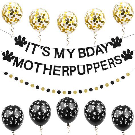 PRICES MAY VARY. 【The Complete Dog Birthday Set Includes】It's My Bday Mother Puppers part decorations set,including 1pcs black "It's My Bday Mother Puppers” banner,1pcs black gold dot banner, 10 paw print balloons in 2 colors, including black and gold,1 Roll white ribbon. Complete combination, to meet your dog birthday or dog birthday decoration needs, no need to buy other accessories.When your dog’s birthday comes, prepare a set of Dog Birthday Party Supplies to celebrate your dog’s birthday. 【 Puppy First Birthday Party Dogs, Puppy Party Theme Decorations, First Dog Birthday, Dogs First Birthday Party, Dog Themed First Birthday, Dog Bday Party Ideas, Dog First Birthday Party, Pawty Dog Party, Mother Puppers