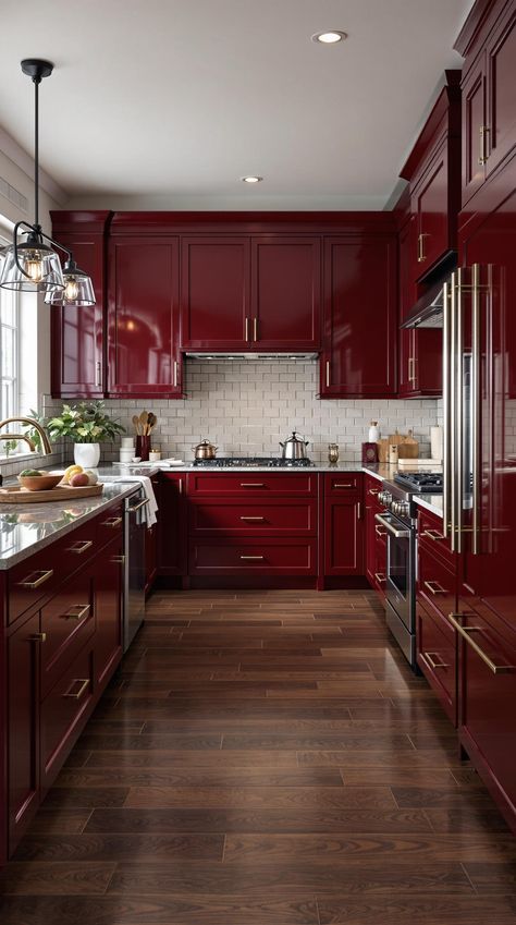 Kitchen Cabinet Color Ideas Red Kitchen Cabinets Rustic, Burgundy Cabinet, Maroon Cabinets, Dark Red Kitchen Cabinets, Red Wood Kitchen, Burgundy Kitchen Cabinets, Dark And Moody Kitchen, Red Kitchen Ideas, Burgundy Kitchen