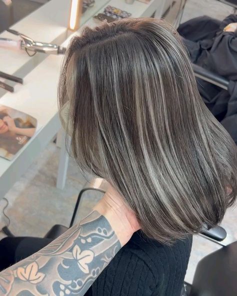 Ash Grey Underlights, Ash Colour Highlight, Subtle Silver Highlights On Dark Hair, Cat Rambut Highlight Grey, Grey Highlights On Dark Hair Asian, Ash Grey Balayage, Baby Lights Hair, Ash Highlights, Highlights Hair Color