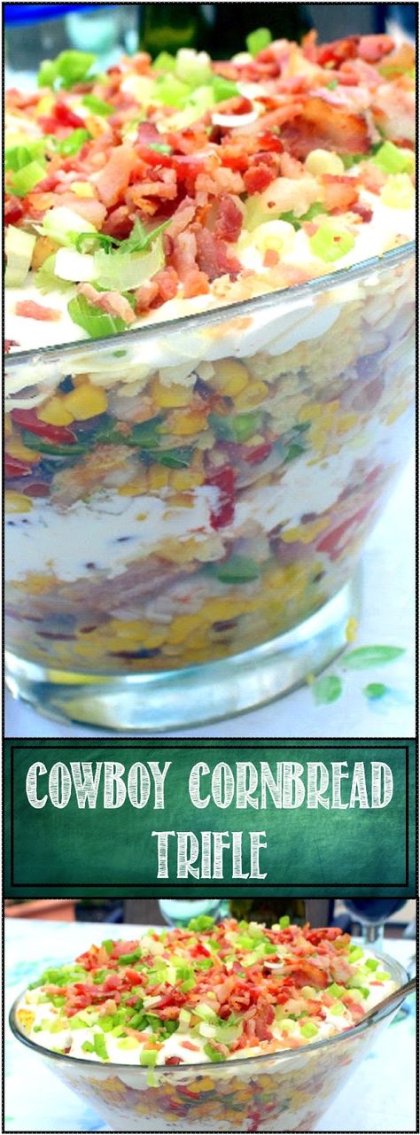 Inspired By eRecipeCards: Cowboy Cornbread Trifle - A Savory BACON Side Dish! - 52 Church Potluck Side Dishes (And BBQ Side) Trifle Salad, Cowboy Salsa, Bacon Side Dishes, Cowboy Recipes, Layered Salads, Smoked Cheddar Cheese, Cowboy Casserole Recipe, Cowboy Cornbread, Vegetable Salads