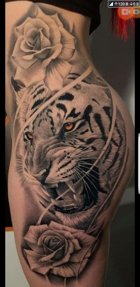 White Tiger Tattoo, Tattoo Leopard, Cute Thigh Tattoos, Girl Thigh Tattoos, Body Tattoo Design, Hip Thigh Tattoos, Cute Hand Tattoos, Hip Tattoos Women, Tattoos For Black Skin