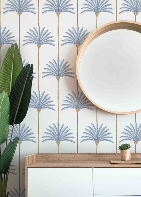 Palm Stripes Wallcovering | Tropical Home Décor Modern Tropical Wall Art, Pull And Stick Wallpaper, Modern Stripe Wallpaper, Vibrant Bathroom Wallpaper, Old Florida Wallpaper, Large Print Peel And Stick Wallpaper, Schumacher Wallpaper Powder Room, Coastal Bathroom Wallpaper Ideas, Wallpaper For Bathroom Small Spaces