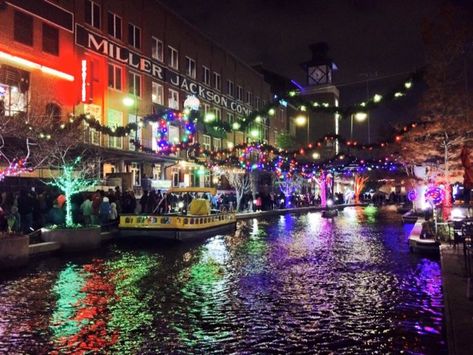 1. Take a free boat ride on the canals in Bricktown in Oklahoma City during Downtown in December. Oklahoma In December, Bricktown Oklahoma City, Bricktown Okc, Places To Visit In Oklahoma, Downtown Okc, Outdoor Ice Skating, Wichita Mountains, First Day Of Winter, Travel Oklahoma