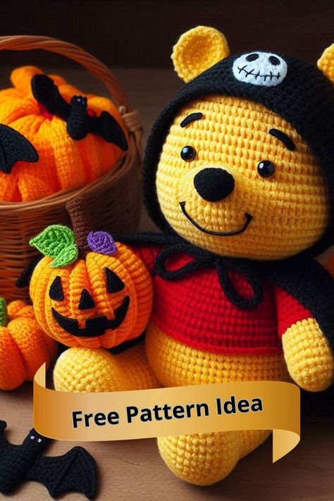 Halloween crochet Winnie the Pooh Bear pattern with hooded cape and pumpkin. Perfect for festive decor or gifts. Easy instructions. Winnie The Pooh Free Crochet Pattern, Crochet Winnie The Pooh Pattern Free, Winnie The Pooh Crochet Patterns Free, Pooh Bear Pattern, Crochet Bear Pattern Free, Crochet Turtle Pattern Free, Winnie The Pooh Crochet, Crochet Halloween Decorations, Disney Crochet Pattern