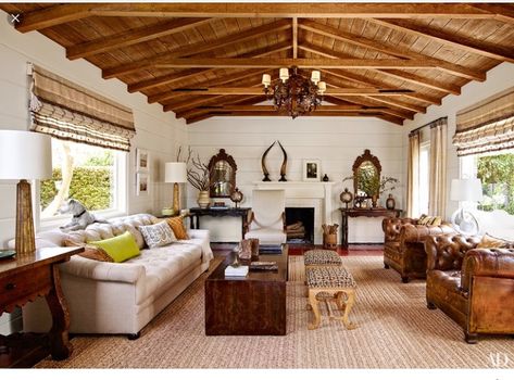 White shiplap, wood & beams ceiling, & carpet Spanish Style Interior Design, Spanish Interior Design, Spanish Farmhouse, Spanish Interior, Madeline Stuart, New York City Apartment, Mediterranean Home Decor, Spanish Style Home, Spanish Style Homes