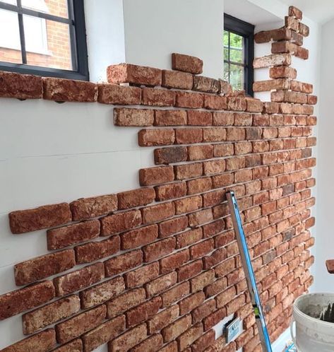 Staircase Brick Wall Design, Wall Brick Design Interiors, Brick Slips Kitchen, Interior Brick Walls, Brick Wall Interior, Brick Slip, Brick Shelves, Brick Wall Decor, Cottage House Interior